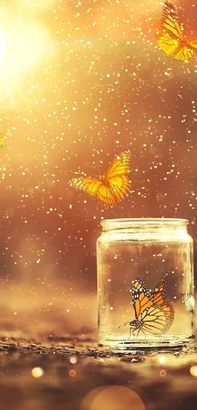 Golden butterflies flutter around a glowing jar on a serene, warm background.