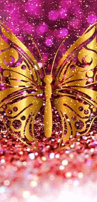 Golden butterfly on pink glitter background.