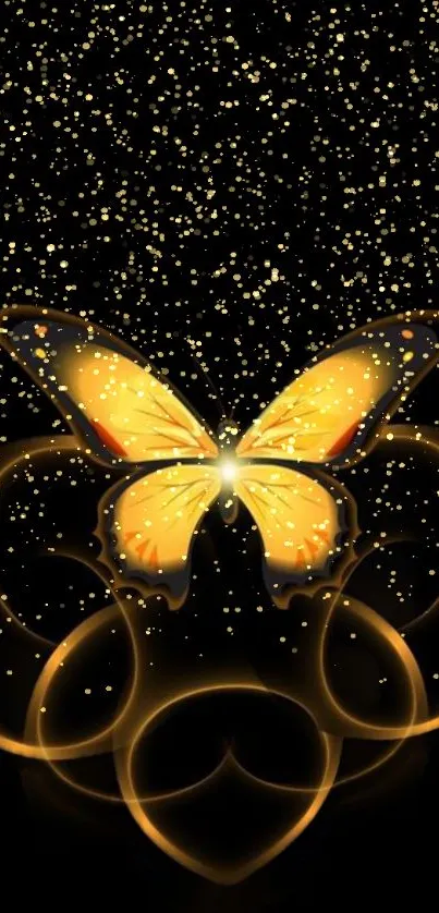 Golden butterfly with sparkles on black background mobile wallpaper.