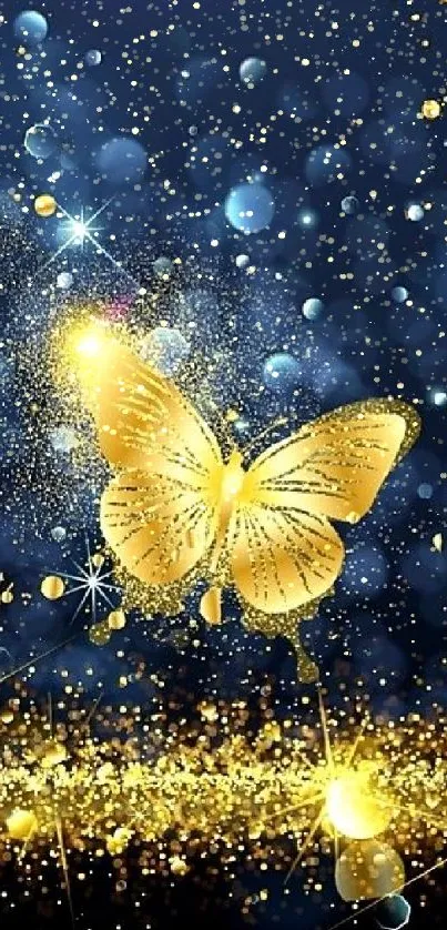 Golden butterflies on a navy blue sparkling background.