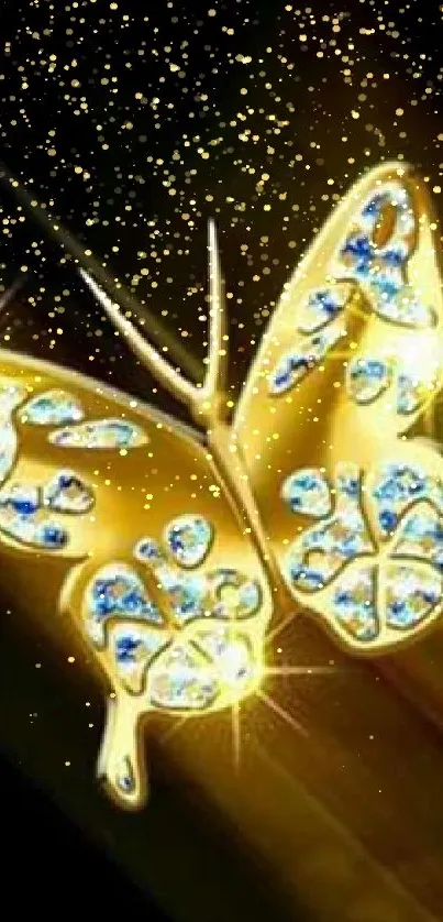 Golden butterfly with sparkling blue details on a dark background.