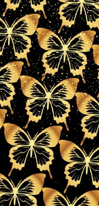 Elegant gold butterflies on black wallpaper.