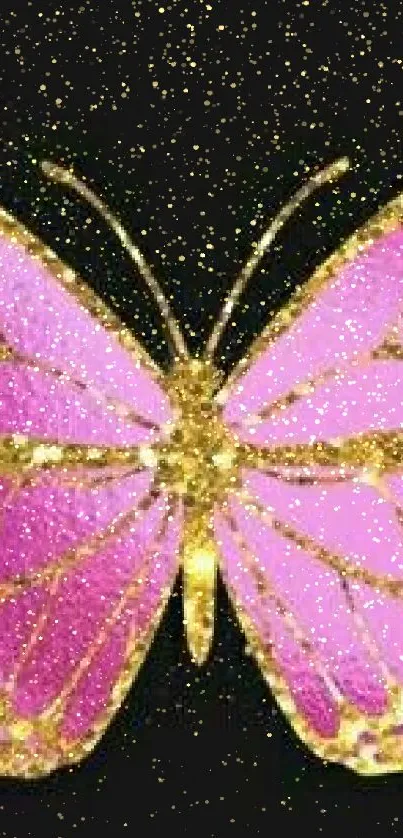 Golden butterfly with pink accents and glitter on a dark background wallpaper.