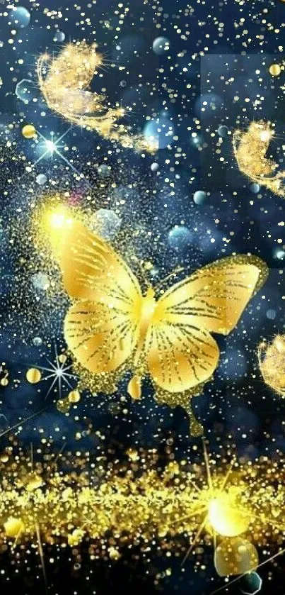 Golden butterflies on a dark, starry background wallpaper.