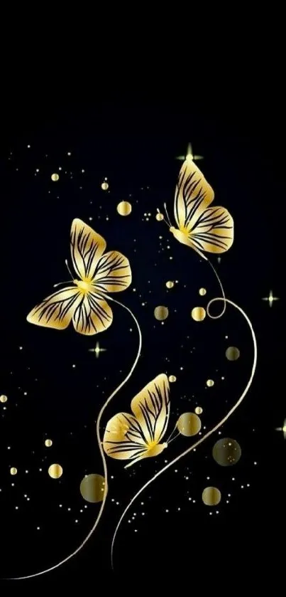 Black wallpaper with golden butterflies and sparkling accents.