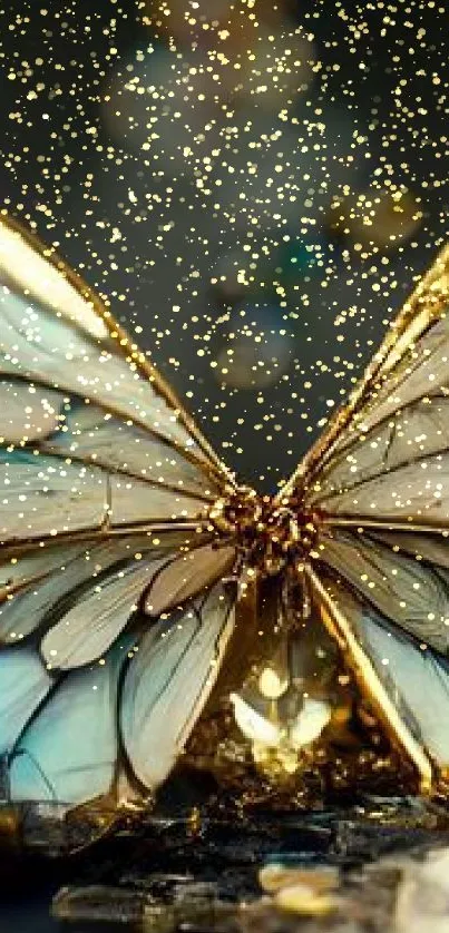 Golden butterfly with blue accents on a gem-studded background.