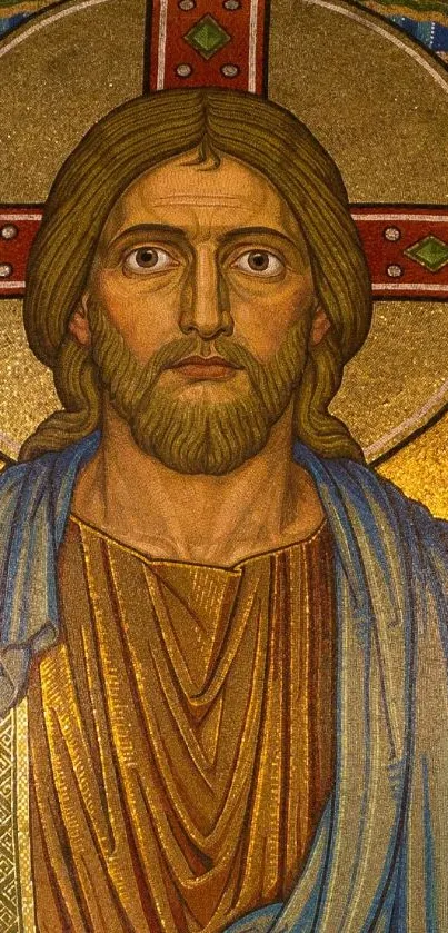 Golden Byzantine mosaic depicting religious iconography.