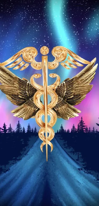 Golden caduceus with aurora borealis background, featuring vibrant colors.