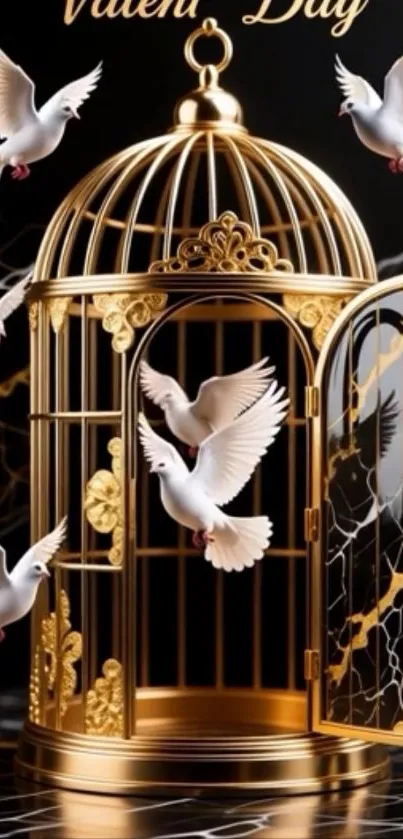Golden cage with white doves flying around on black background.