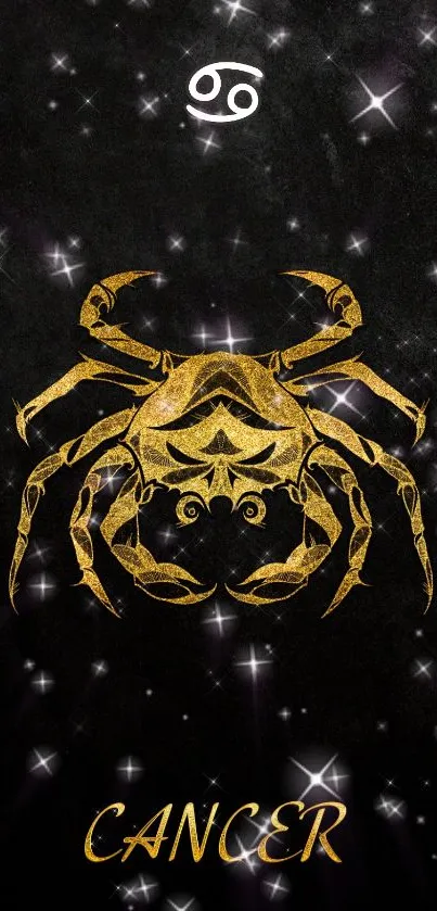 Golden Cancer zodiac sign with starry black background wallpaper.