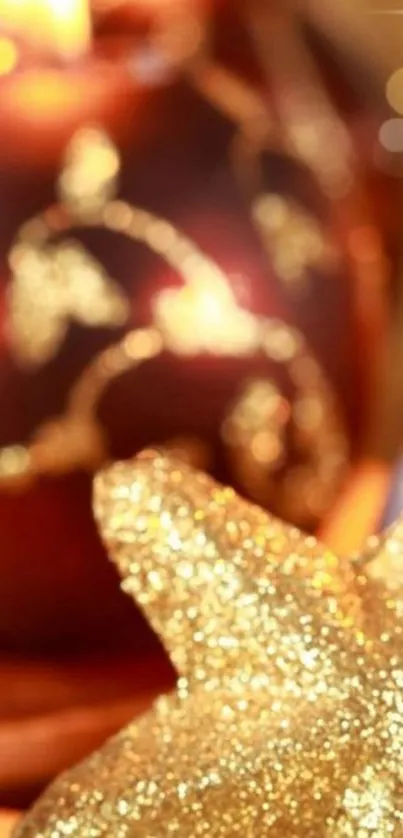 Golden candle and star close-up wallpaper, festive decor.