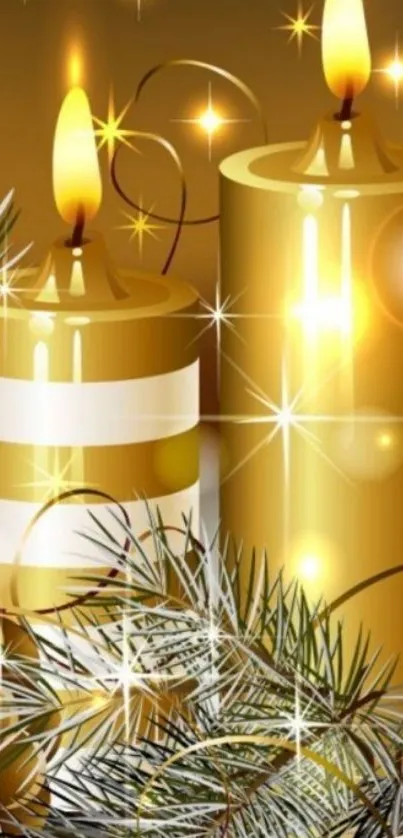 Golden candles with sparkling festive decorations on a wallpaper.