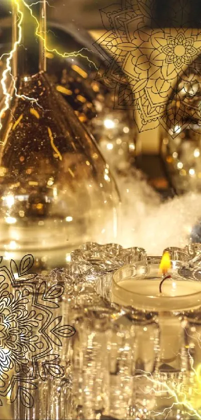 Golden reflections with candlelight and glass decor, creating a warm, elegant atmosphere.