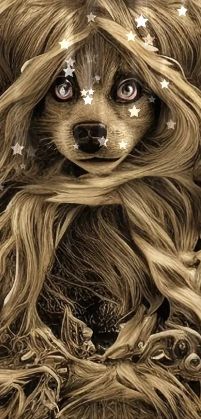 Golden brown wallpaper of a fantasy canine with intricate fur.