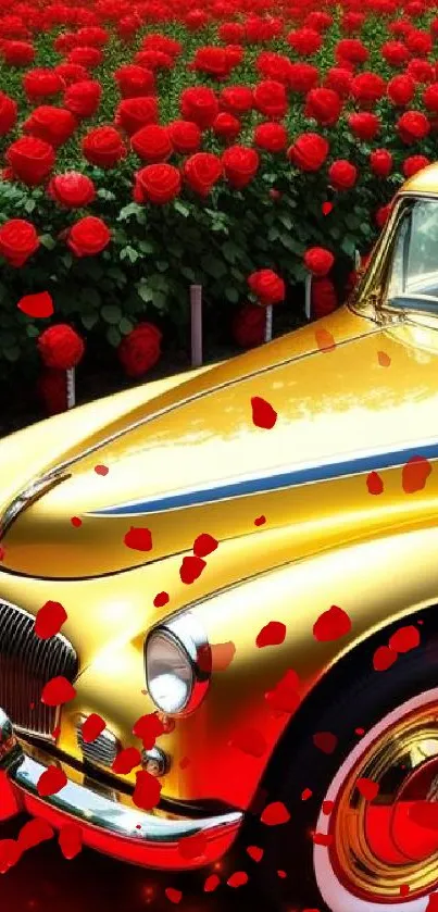 Golden vintage car amidst a field of red roses.