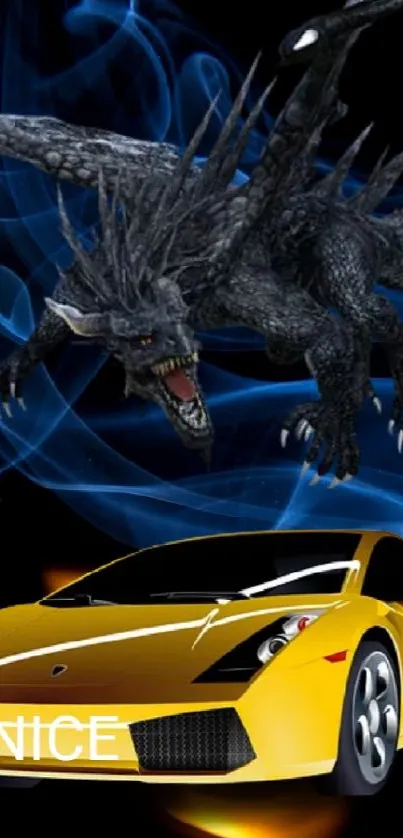 Yellow sports car with 'NICE' plate and dark dragon on black and blue background.