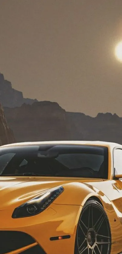 Golden sports car under twin suns on rocky desert.