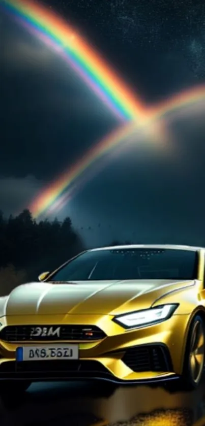 A golden car beneath a vibrant double rainbow at night.