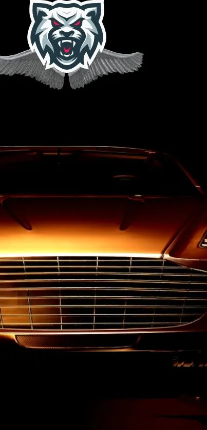 Luxurious golden car with a wolf logo on a sleek black background.