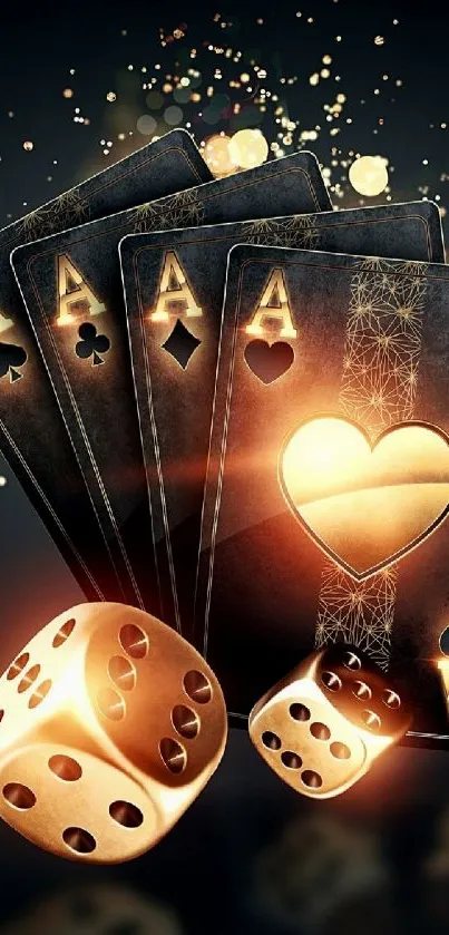 Golden cards and dice with sparkles on a dark background.