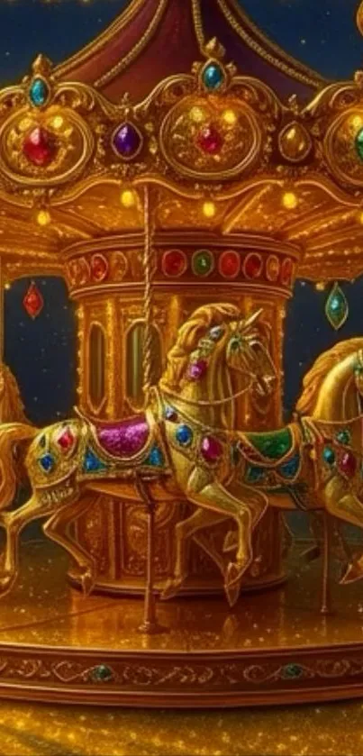 Golden carousel with jeweled horses on starry night background.