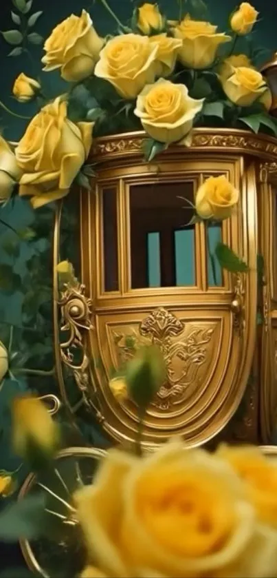 Mobile wallpaper featuring a golden carriage with yellow roses.
