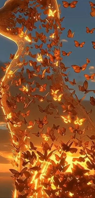 Golden cat silhouette formed by butterflies at sunset.