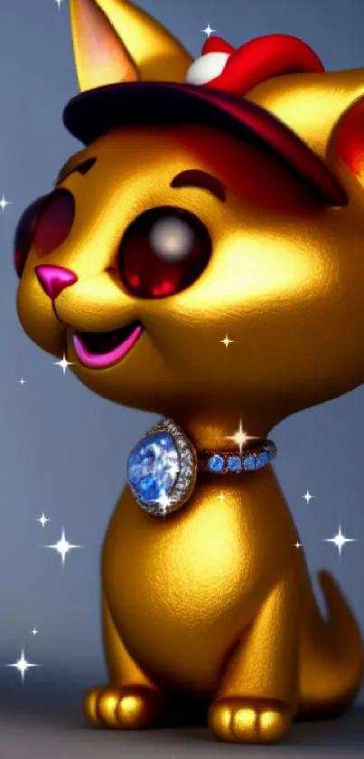 Cartoon golden cat with a blue gem necklace and vibrant colors.