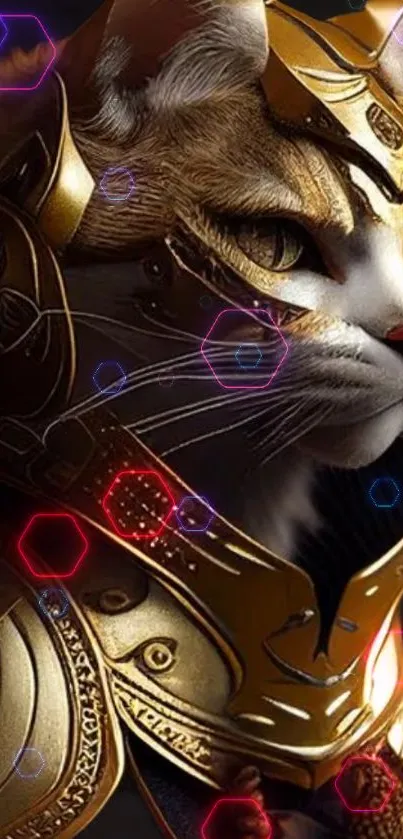 Golden armored cat with neon accents in a sci-fi setting.