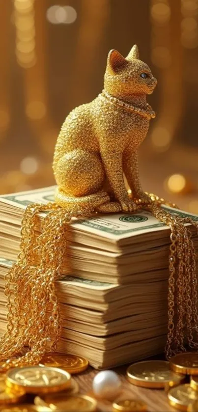 Golden cat statue on stacked money and coins.