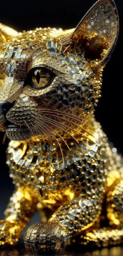 Intricate golden cat sculpture with detailed craftsmanship.
