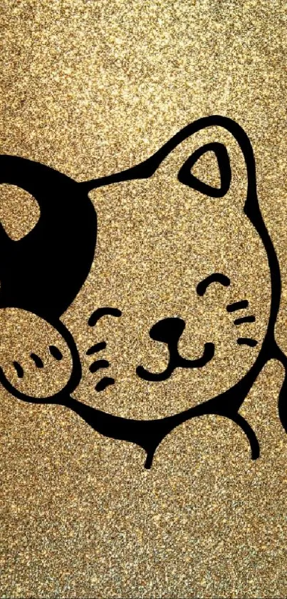 Glittery gold wallpaper featuring a lucky cat illustration.