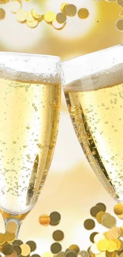 Golden champagne glasses with confetti design.