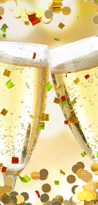 Champagne glasses with golden confetti on wallpaper.