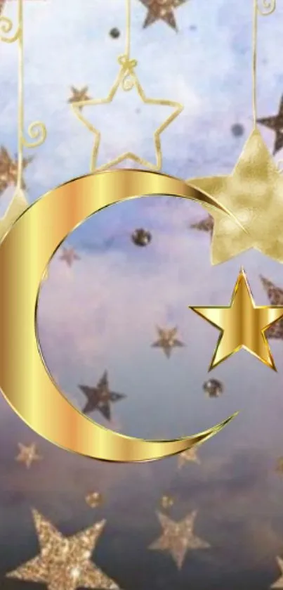 Gold crescent moon and stars wallpaper in celestial theme.