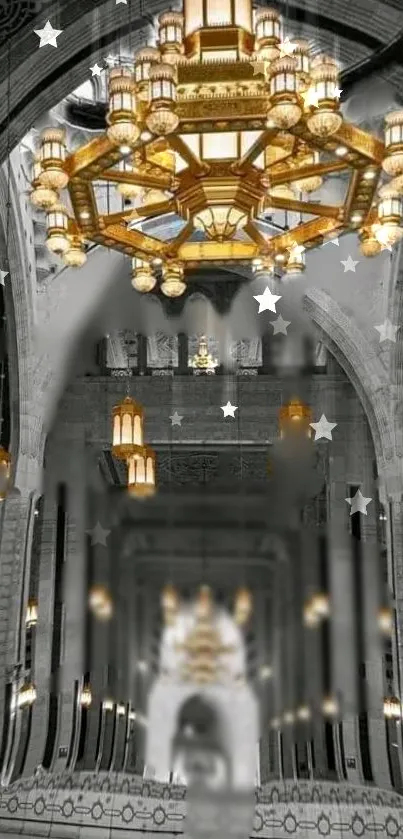 Golden chandelier inside a beautiful mosque with ornate design and starry accents.