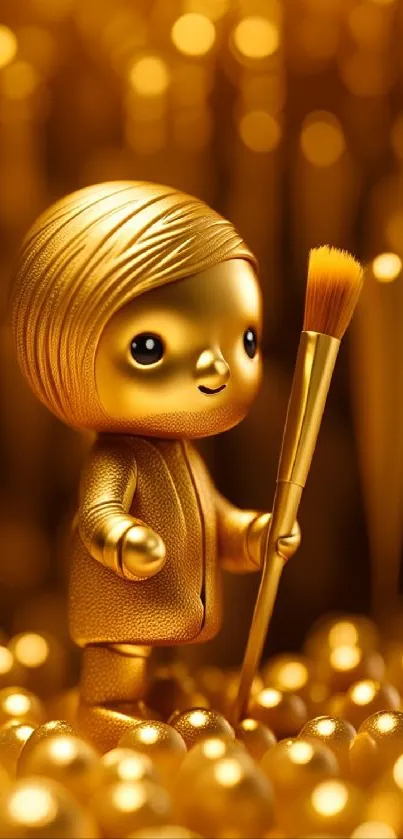 Golden character with brush amidst gold beads.