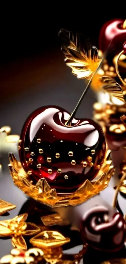 Luxurious mobile wallpaper with golden cherries and artistic design.