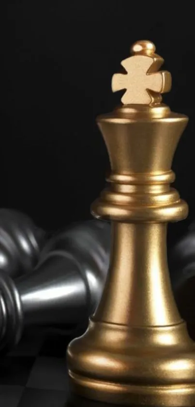 Golden king chess piece on dark background.