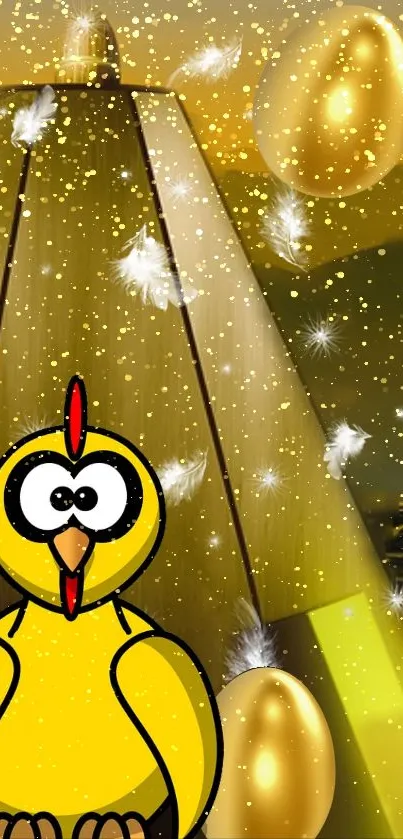 Yellow chicken with golden eggs and stars amidst a glittering background.