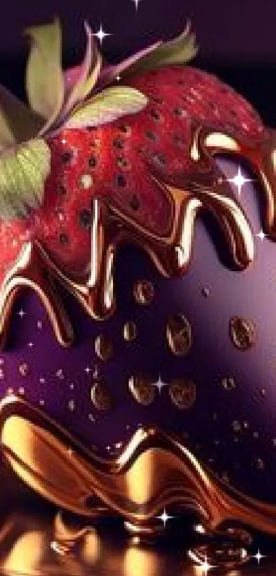 Luxurious strawberry with golden chocolate on mobile wallpaper.