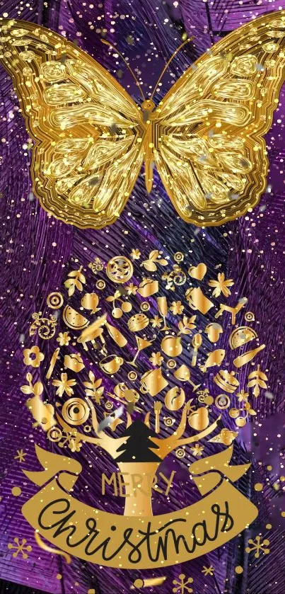 Festive golden butterfly and Christmas tree on purple background wallpaper.
