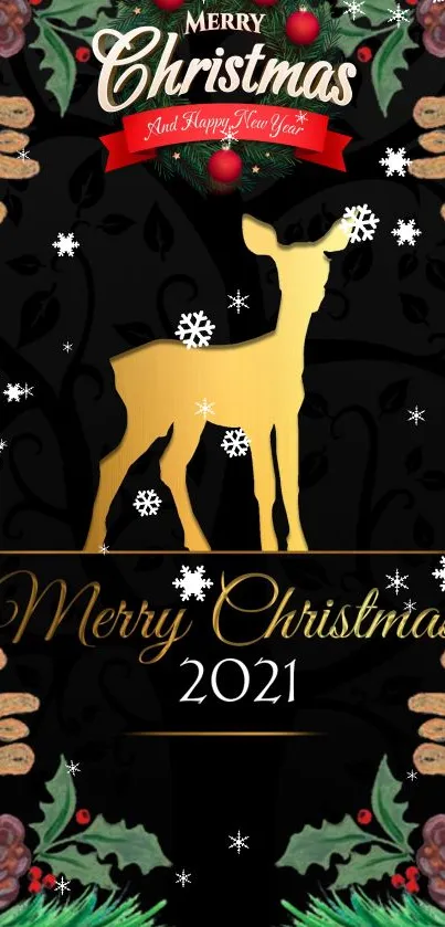 Elegant Christmas wallpaper with a golden deer silhouette on a black background.