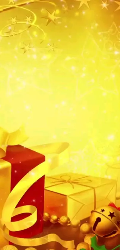 Golden holiday wallpaper with Christmas gifts and festive design.