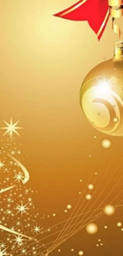 Golden Christmas wallpaper with ornament and tree.