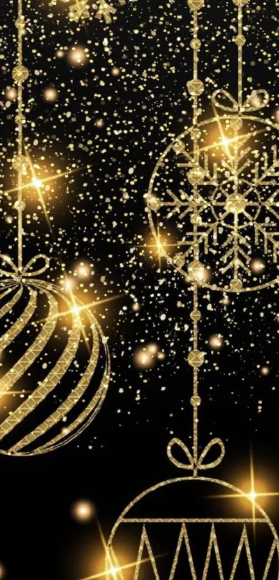 Elegant golden Christmas ornaments on dark background.