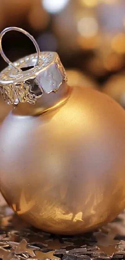 Golden Christmas ornaments and bells on a festive background.