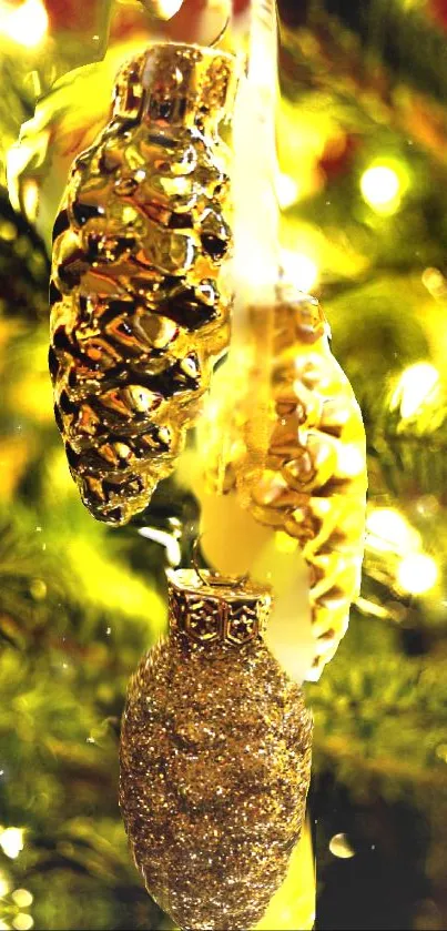 Golden Christmas ornaments with sparkling tree lights.