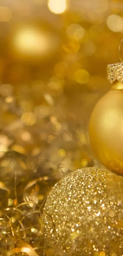 Golden Christmas ornaments with tinsel