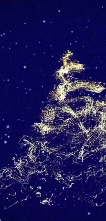 Golden-lit Christmas tree against a blue night sky wallpaper.